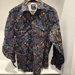 VTG Wrangler Paisley Checotah Black Neon Color Aztec Navajo Shirt 17 34 XL - XXL